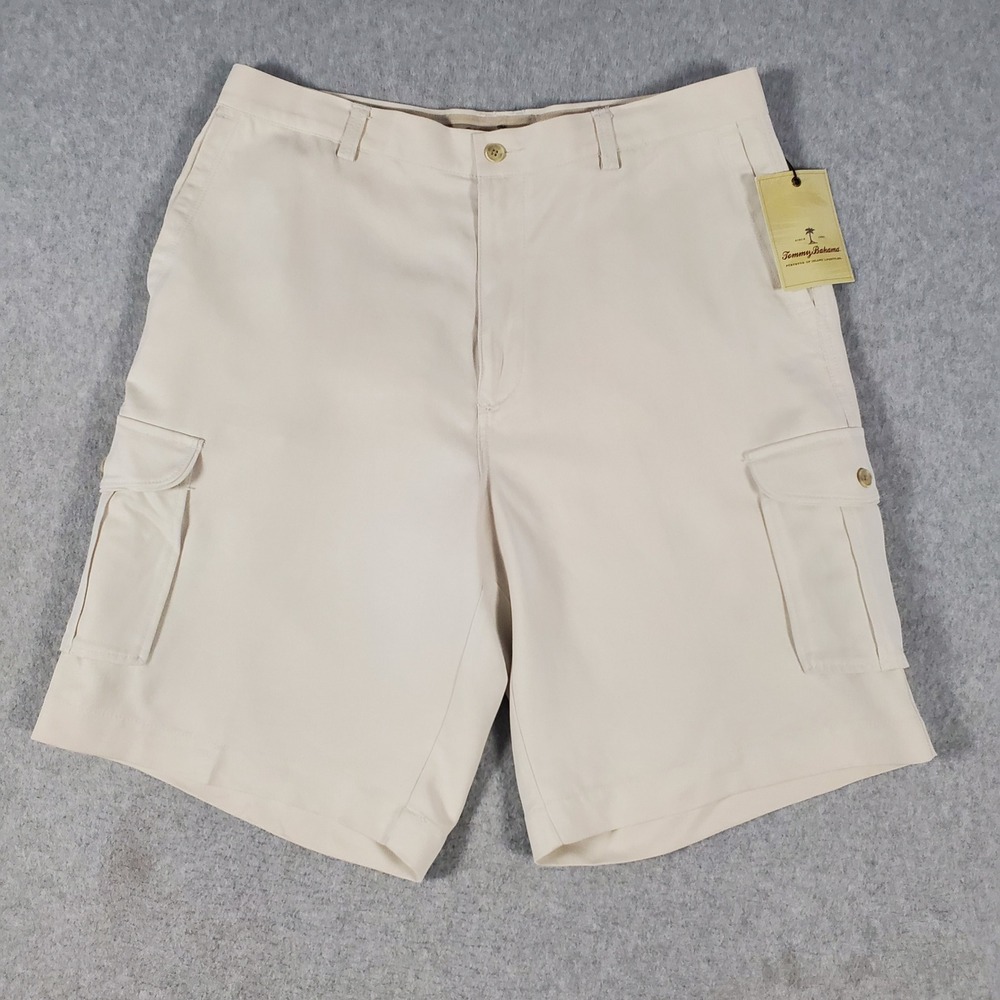 Tommy Bahama Mens 100% Silk Cargo Shorts Mens 35 Off White Beige 10" Inseam NWT